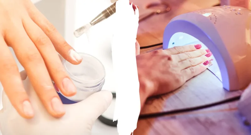 A composite image showing two different nail beauty treatments side by side; on the left, a hand receives dip powder treatment with a nude color being applied, and on the right, a hand under a UV lamp showcases shiny pink gel nails adorned with white heart patterns.