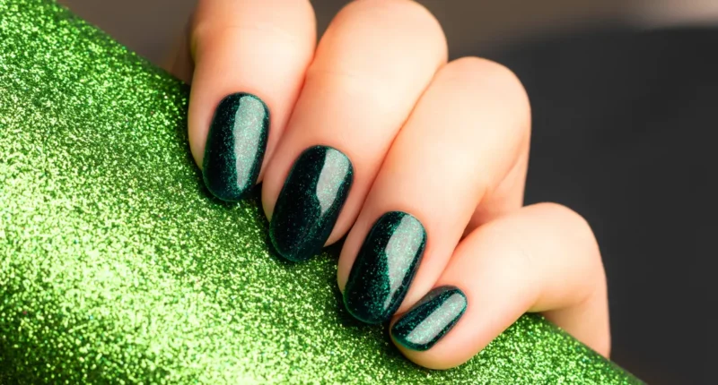 Sparkling emerald green nails with a gradient glitter effect that captures the light, reminiscent of a glittering evening gown.