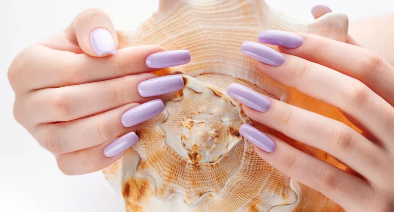 Pastel purple coffin nails holding a seashell, with a smooth finish reflecting the tranquil hues of the ocean, ideal for a serene spring look.