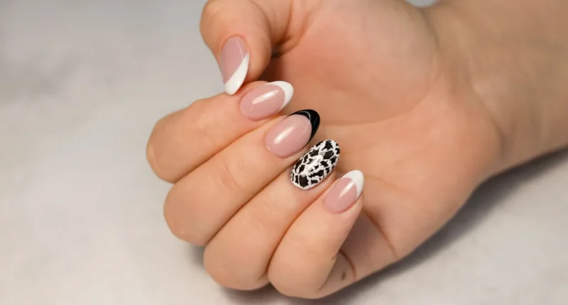 Chic French tip nails with a bold animal pattern accent on one nail, blending traditional style with an adventurous edge for a unique spring statement.