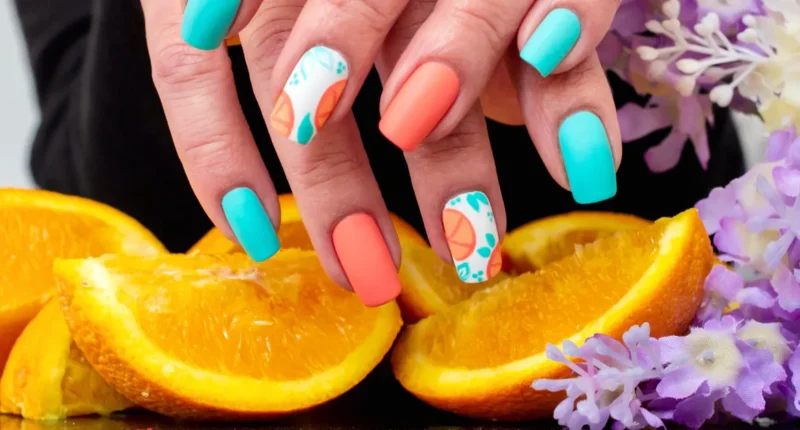 Vibrant nail art for summer, featuring a colorful mix of bold blue, orange, and patterned designs with fruit motifs, set against a backdrop of fresh orange slices and purple flowers.